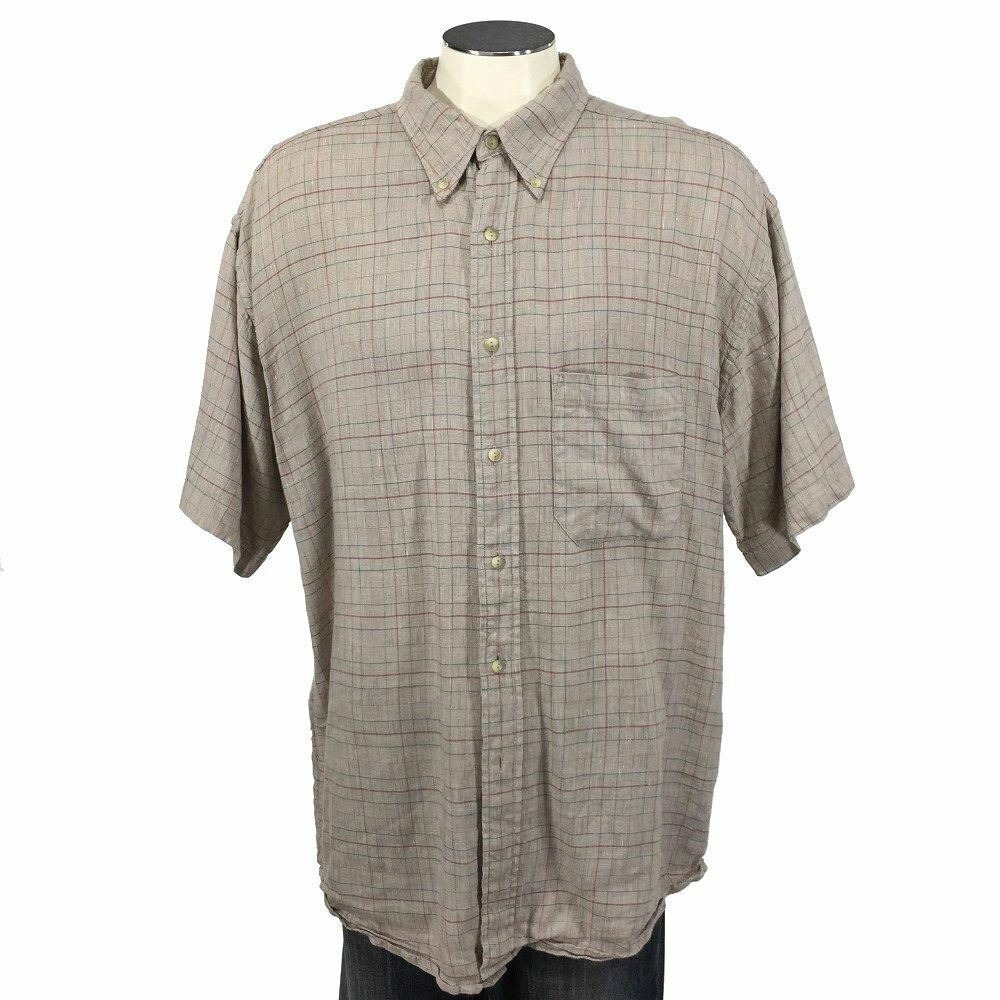 Pendleton Button Down Shirt XL Linen Rayon Brown Red Plaid Short Sleeve Mens